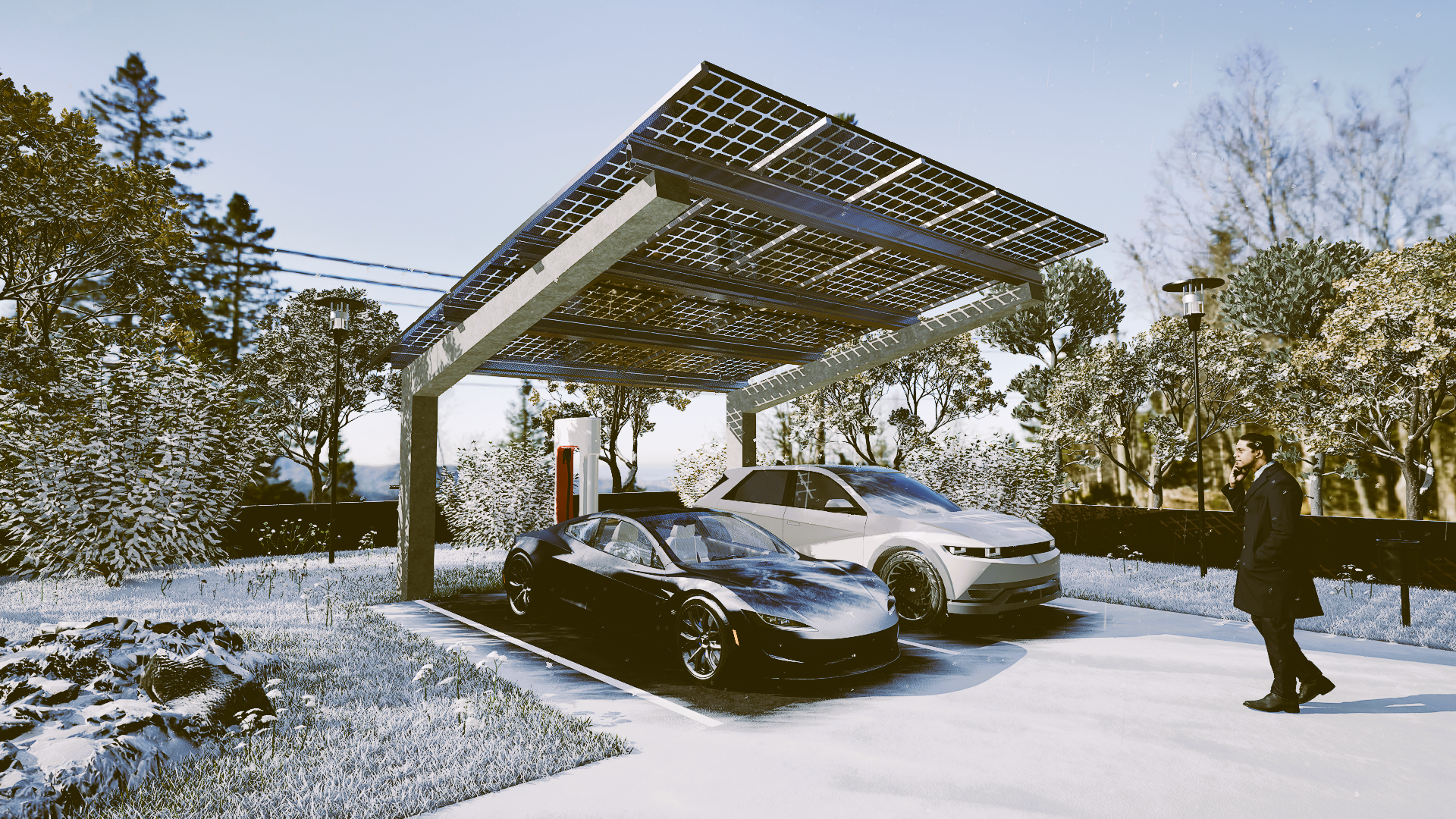 Solarcarport mit 2 Stellplätzen Ansicht Schnee