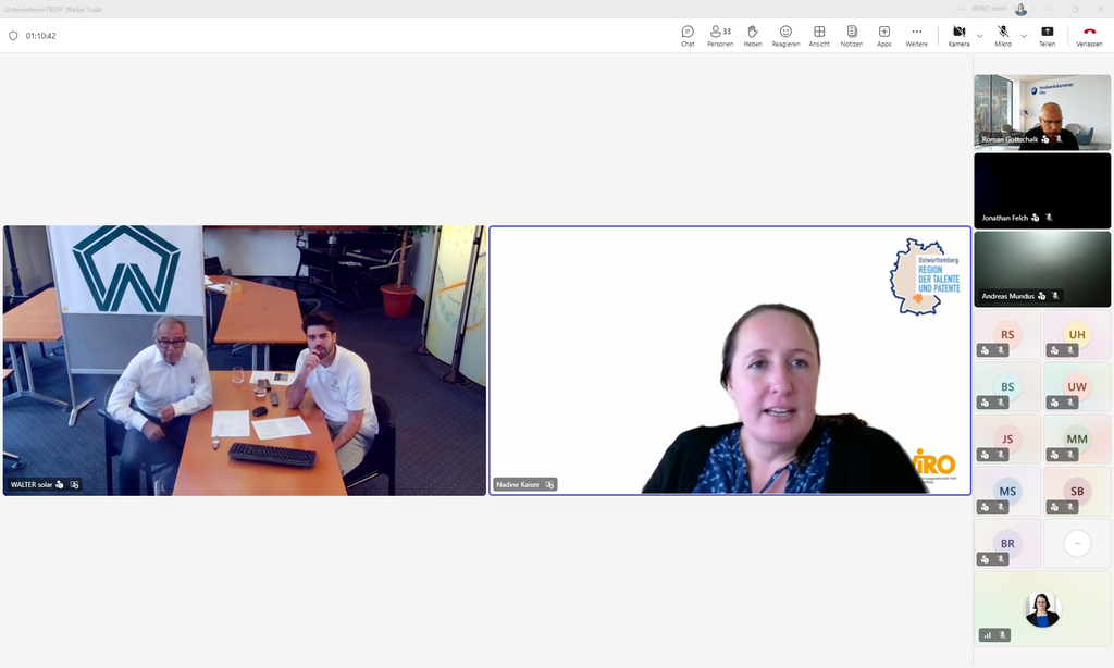 Screenshot vom Seminar bei der WIRO mit Nadine Kaiser über Teams und mit Wolfgang Walter und Klaus Joas von Walter Solar